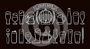 Beer objects set isolated on black backgound. Beer glasses, mugs, wooden barrel, wheat, ribbon banner with text Craft