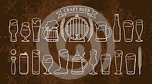 Beer objects set isolated on rusty brown backgound. Beer glasses mugs wooden barrel wheat ribbon banner text Craft Beer
