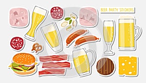 Beer party stickers for restaurant, cafe, pub. Beer mugs and snacks, sausages, bacon, nuts, burger for greeting card for