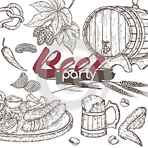 Beer party template with beer keg and mug, hop branch, wheat, chips, nuts, chicken wings and snack plate.