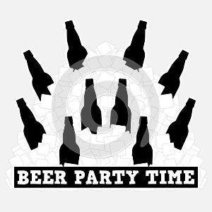 Beer party time banner with a large pile of ice cubes and black silhouettes of beer bottles. Vector Illustration.