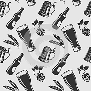 Beer pattern with beer bottle, glass, wheat and hops.