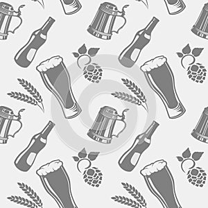 Beer pattern with beer bottle, glass, wheat and hops.