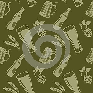 Beer pattern with beer bottle, glass, wheat and hops.