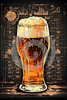 Beer pint blueprint artwork print design. Sketch over black background. Generative Ai illustration