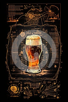 Beer pint blueprint artwork print design. Sketch over black background. Generative Ai illustration