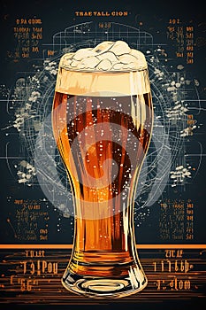 Beer pint blueprint artwork print design. Sketch over black background. Generative Ai illustration