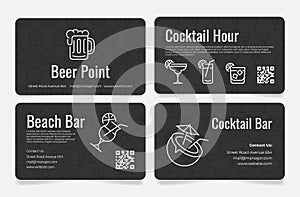 Beer point cocktail beach bar black business card set vector alcohol drink cafe party pub
