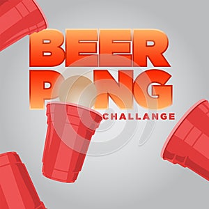 beer pong challange. modern style square size social media banner with flying glass and 3d text effect.