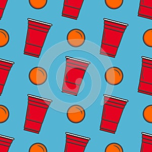 Beer pong seamless pattern. Red plastic cups on blue background. Famous american party drinking game. Vector background