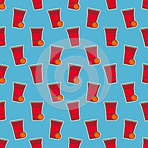 Beer pong seamless pattern. Red plastic cups on blue background. Famous american party drinking game. Vector background