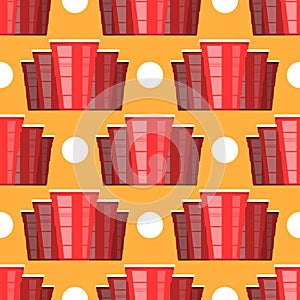 Beer Pong Tournament. Red Plastic Cup and White Tennis Ball. Fun Game for Party. Traditional Drinking Time.