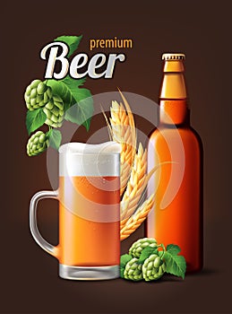 Beer Poster template for classic white beer ad package design. Vector glass bottle and cup with beer