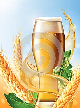 Beer Poster template for classic white beer ad package design. Vector glass cup with beer