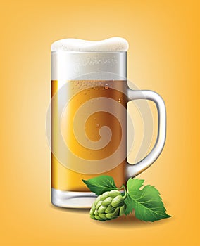 Beer Poster template for classic white beer ad package design. Vector glass cup with beer