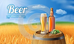 Beer Poster template for classic white beer ad package design. Vector glass cup with beer on wood barrel