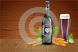 Beer poster template with realistic dark beer bottle, glass beaker, malt and hops on wood background. Vector