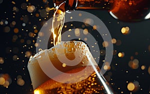 Beer is poured from dark brown bottle into beer glass. Close-up light fresh beer poured into glass.