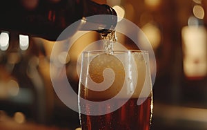 Beer is poured from dark brown bottle into beer glass. Close-up light fresh beer poured into glass.