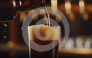 Beer is poured from dark brown bottle into beer glass. Close-up light fresh beer poured into glass.