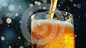beer pouring, bubble froth, glass, wave curve background. Ai Generated