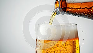 Beer pouring into glass on white background