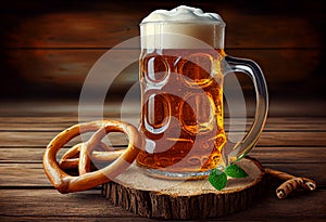 Beer and Pretzel on wooden background, Oktoberfest. Generate Ai.