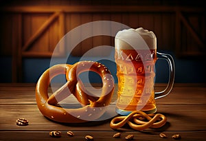 Beer and Pretzel on wooden background, Oktoberfest. Generate Ai.