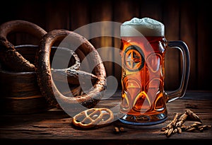 Beer and Pretzel on wooden background, Oktoberfest. Generate Ai.