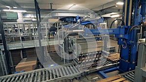Beer-producing factory unit with packs of bottles getting put together