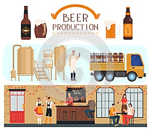 Beer production, brewery and alcohol beverages factory, brewing process and beer bar with people cartoon vector