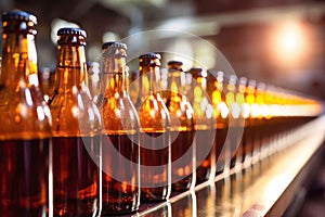Beer production plant. Brewery conveyor with glass bottles of beer and alcohol. Close-up. Blurred background. Modern production