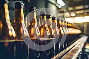 Beer production plant. Brewery conveyor with glass bottles of beer and alcohol. Close-up. Blurred background. Modern production