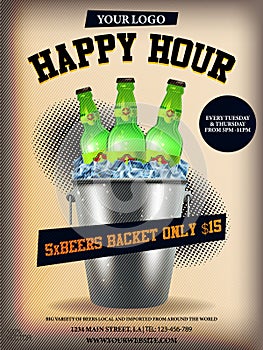 Beer Promotion Happy Hour Flyer Template. Banner or poster design with beer bottle, bucket on grunge background.