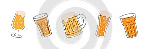Beer pub elements. Beer bottles, can, glass, mug. Brewing process, brewery factory production. Vector illustration