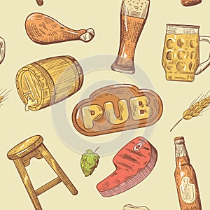 Beer Pub Hand Drawn Seamless Pattern. Brewery Background. Restaurant Menu Template