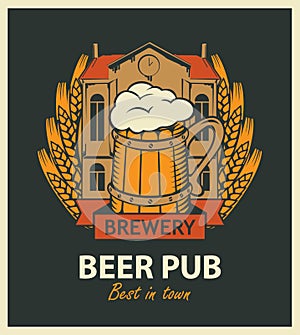 Beer pub label with brewery building and beer mug