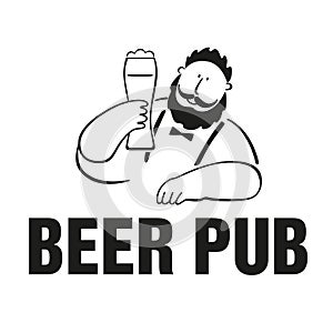 Beer pub logo. Cute bearded man with a glass of beer in his hand