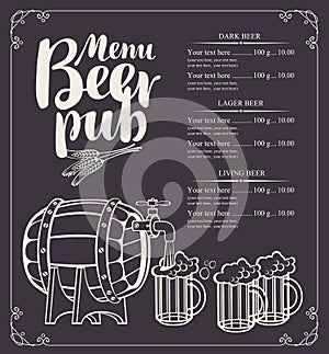 Beer pub menu with barrel and full beer glasses