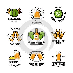 Beer pub vector logos and emblems. Brewery and brewing business vintage labels