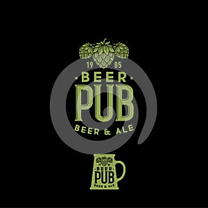 Beer Pub vintage emblem. Craft Beer logotype. Engraving shabby style. Mug sign with hop cones.