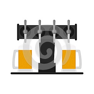 Beer pump, dispenser with taps and full glass beer mugs. Vector clipart. Illustration Ð¾n blank background.