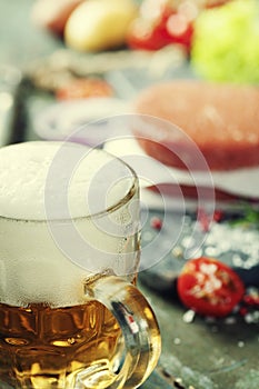 Beer and Raw Ground beef meat Burger steak cutlets with seasoning,vegetables