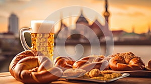 Beer and salted pretzels on wooden background created with generative ai tools