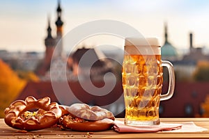 Beer and salted pretzels on wooden background created with generative ai tools