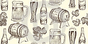 Beer seamless pattern with beer glass, mug, bottle, barrel