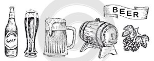 Beer set with beer glass, mug, bottle, barrel and hop sprig.