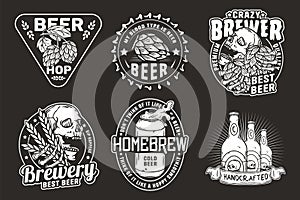 Beer set of designs with beer cap, can, hop, skeleton and bottle. Skull, beer glass, barly, bone hand and bottle for