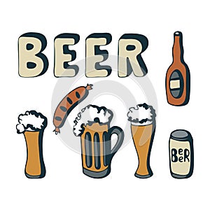 Beer set with lettering, glass of beer, sausage, can of beer, bottle, hand drawing doodling, stylized, isolated, on a