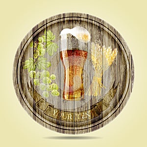 Beer set on round wooden banner.vector illustration